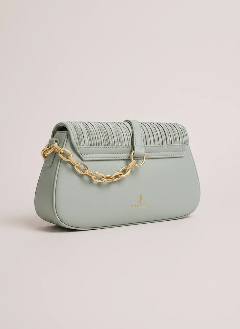ALESSIA JADE Cypress shoulder bag in sage green with pleated texture, gold chain detail, and smooth finish.