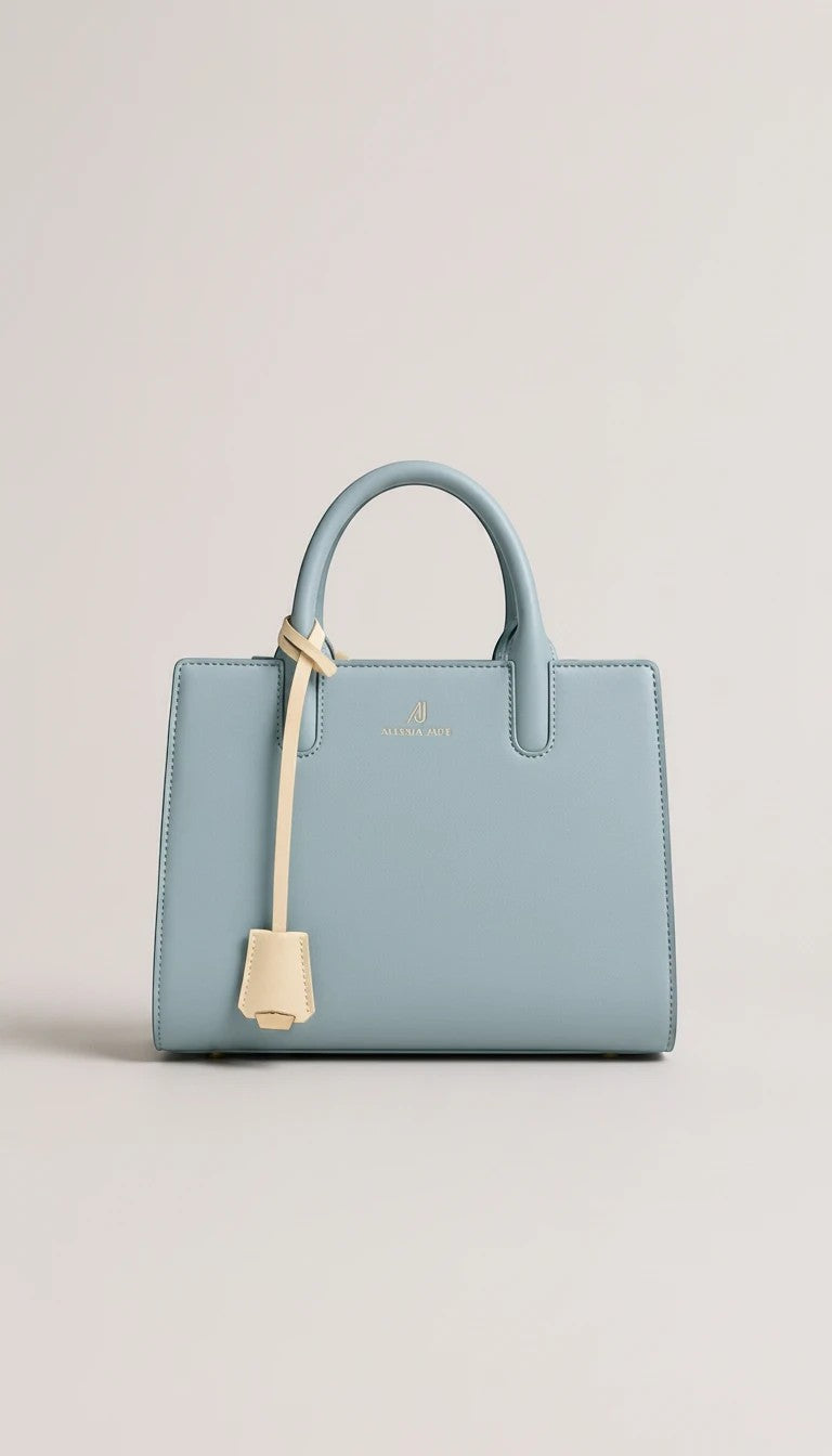 ALESSIA JADE Logan handbag in light blue with a structured silhouette, integrated handle, and cream-colored charm.