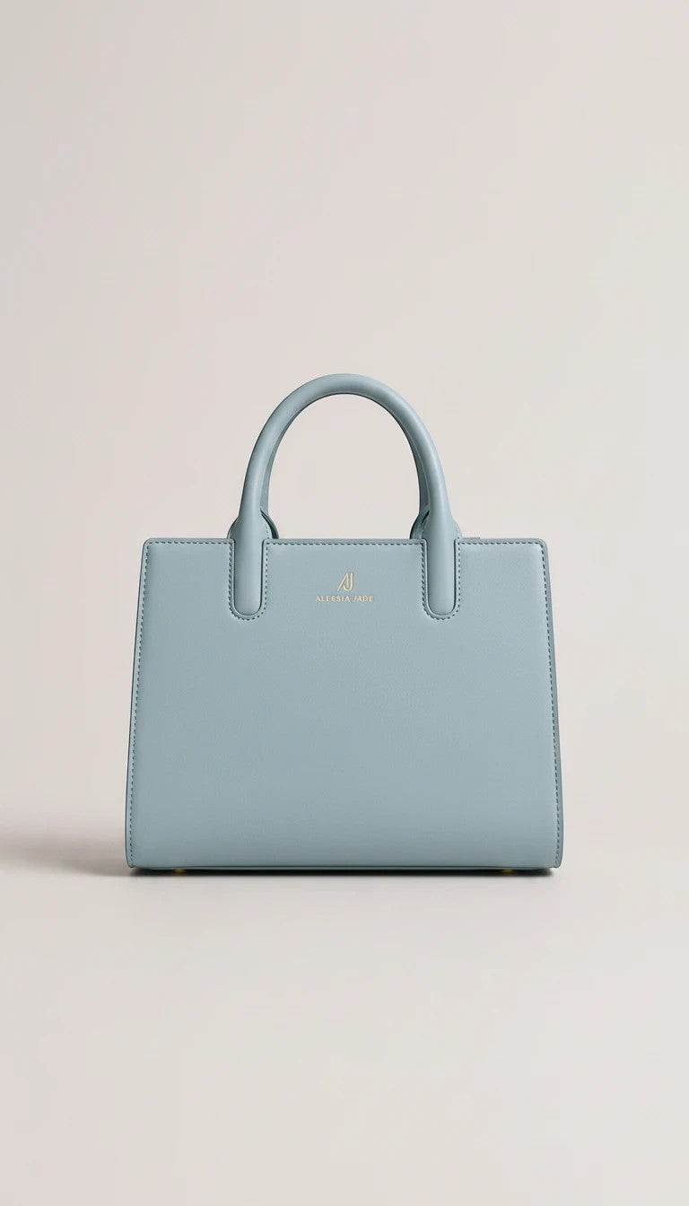 ALESSIA JADE Logan handbag in light blue with a structured silhouette, integrated handle, and gold logo detail.